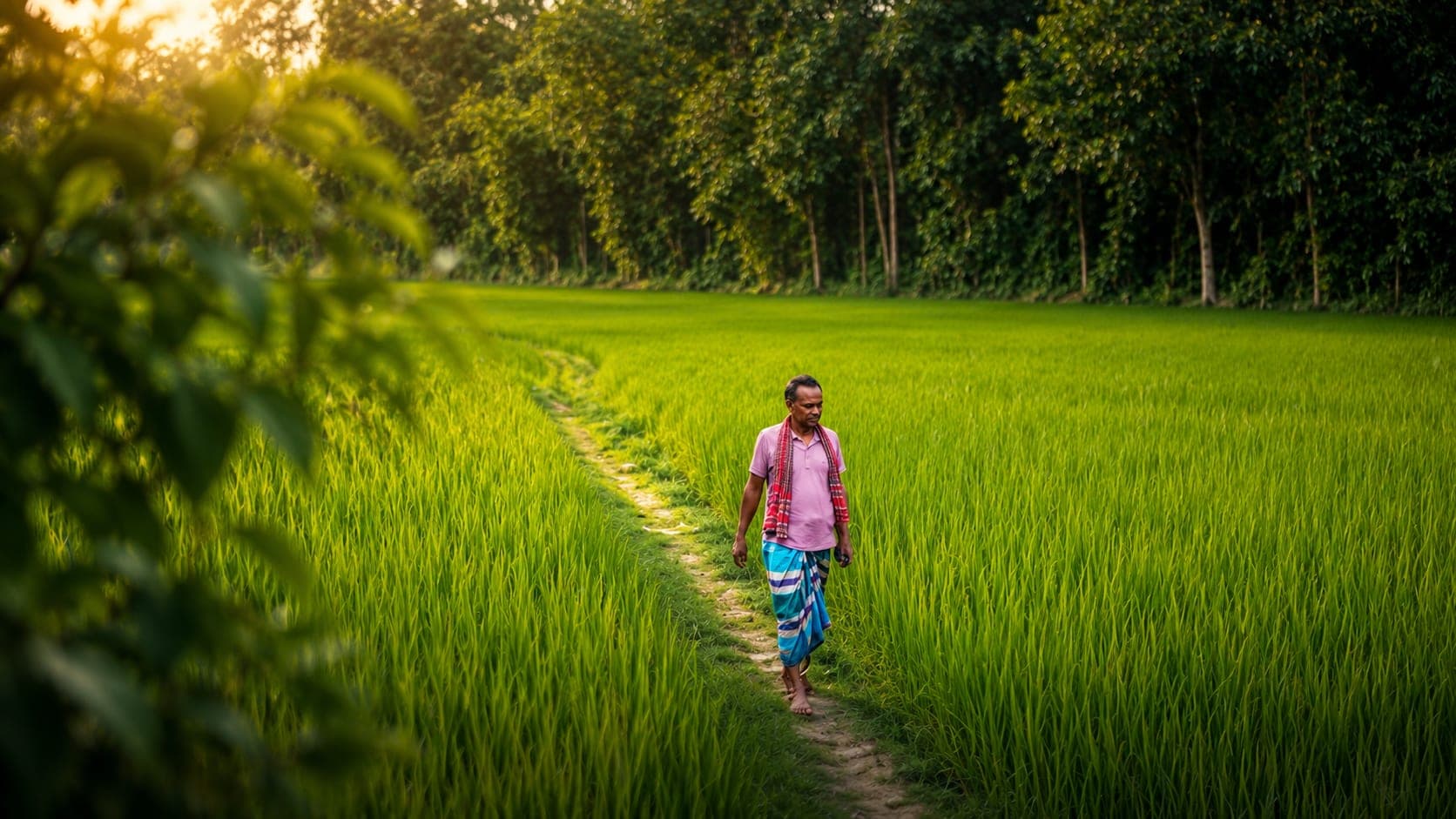 A farmer walks barefoot along a narrow path through bright green paddy fields at golden hour.